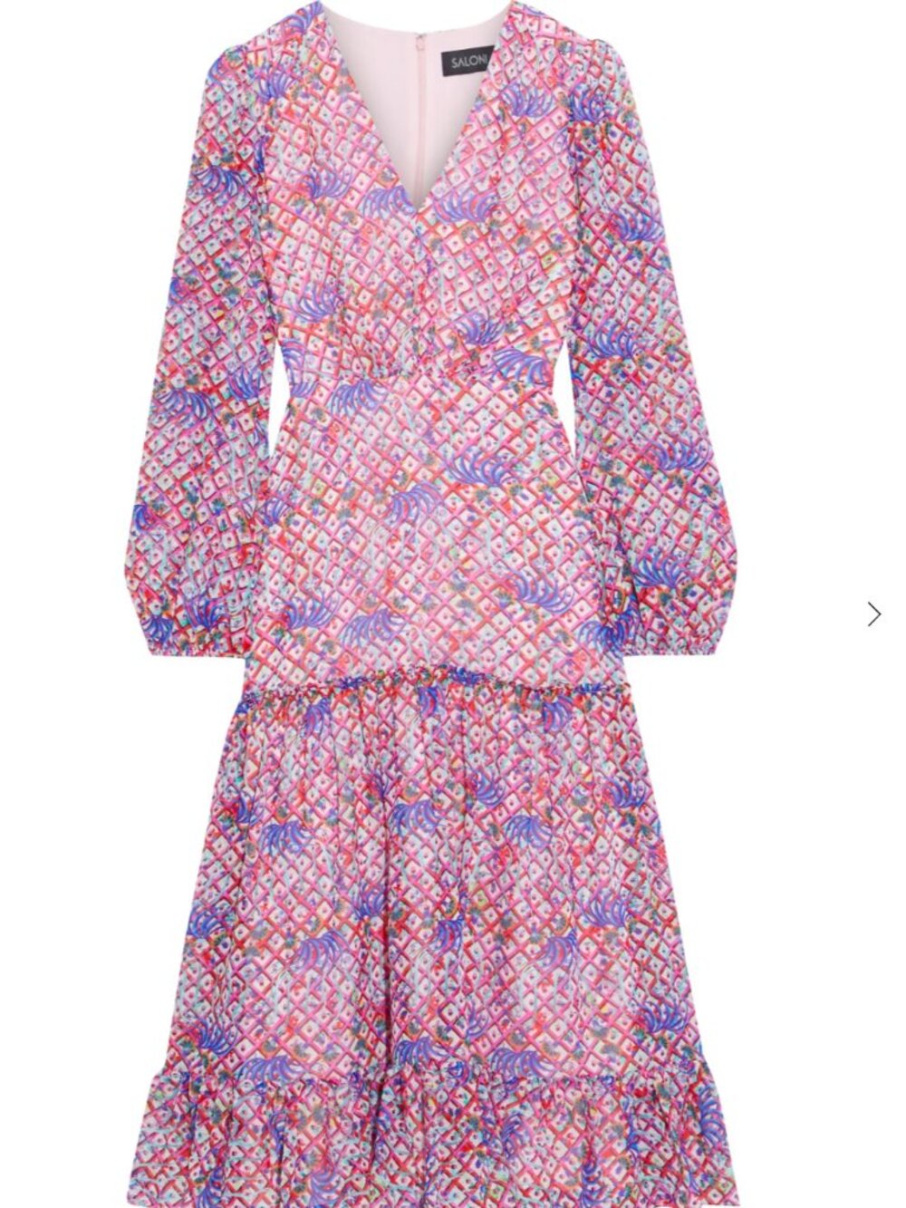 Saloni Devon Silk Midi Dress US 2 | Pink Blue Print Tiered | 100% Silk